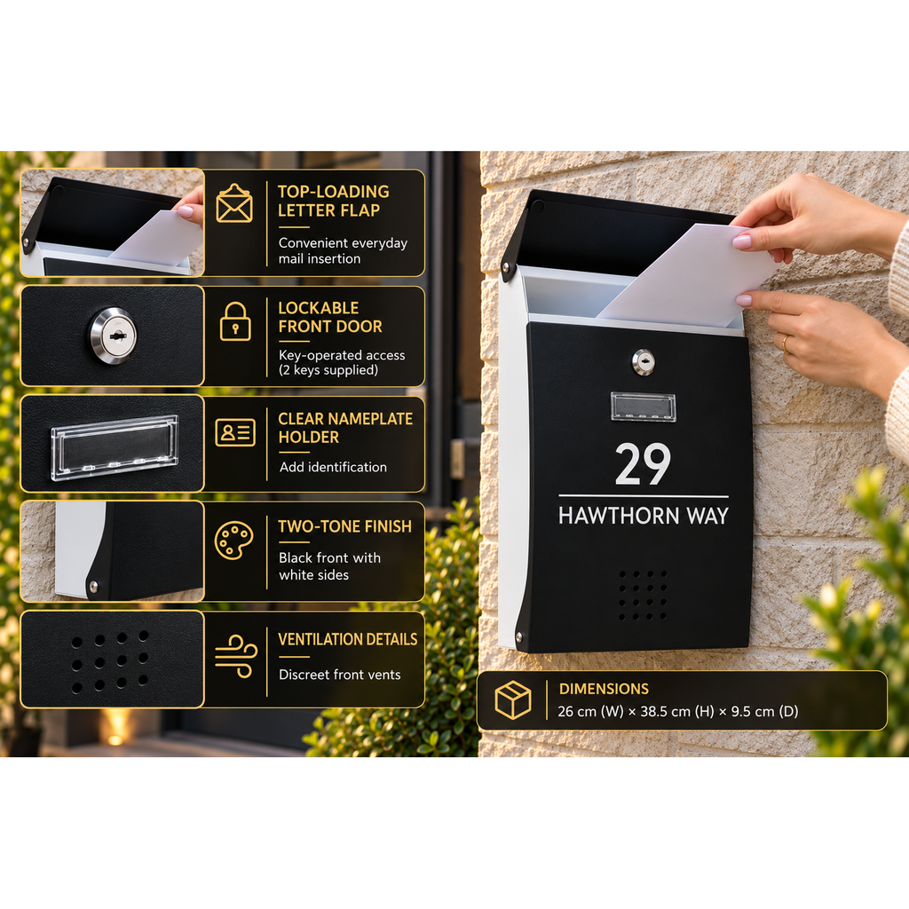 Personalised Black & White Post Box | Lockable Wall-Mounted Letterbox