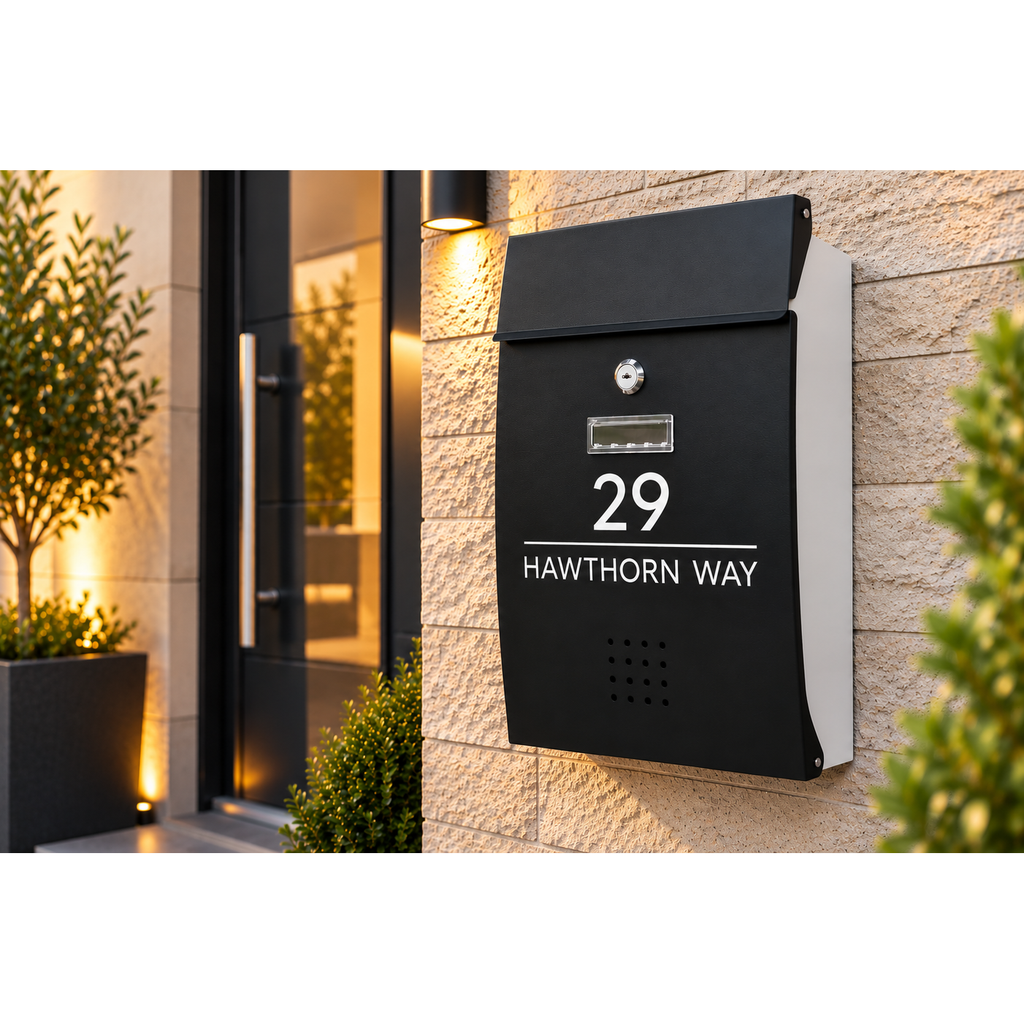 Personalised Black & White Post Box | Lockable Wall-Mounted Letterbox