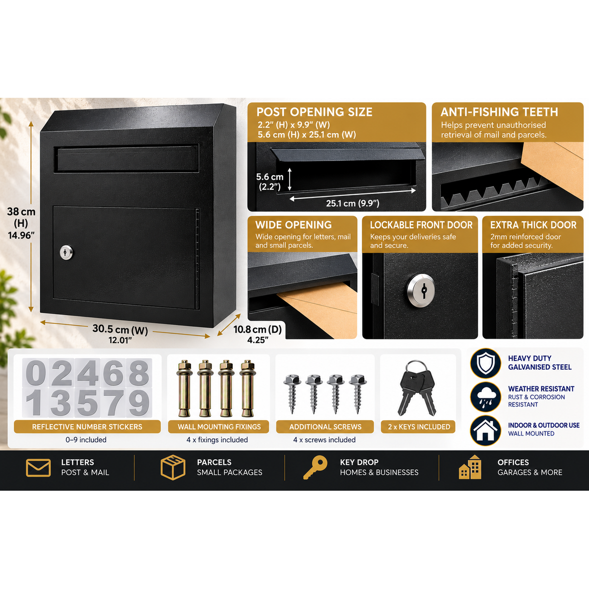 Personalised Black Mini Parcel Drop Box | Lockable Wall-Mounted Mail & Key Box