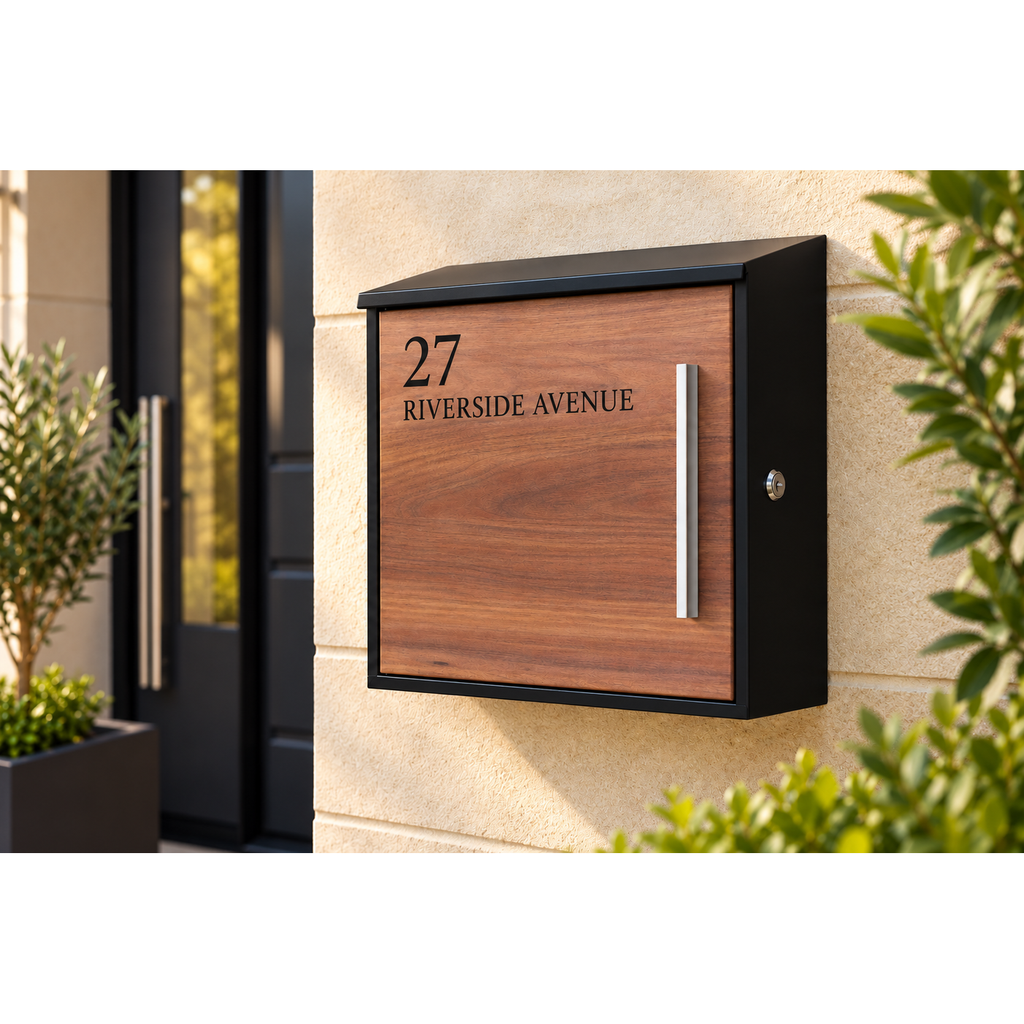 Personalised Walnut Effect Post Box Black Wall-Mounted Letterbox