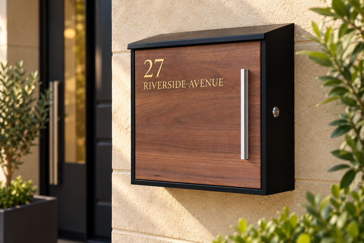Personalised Walnut Effect Post Box Black Wall-Mounted Letterbox