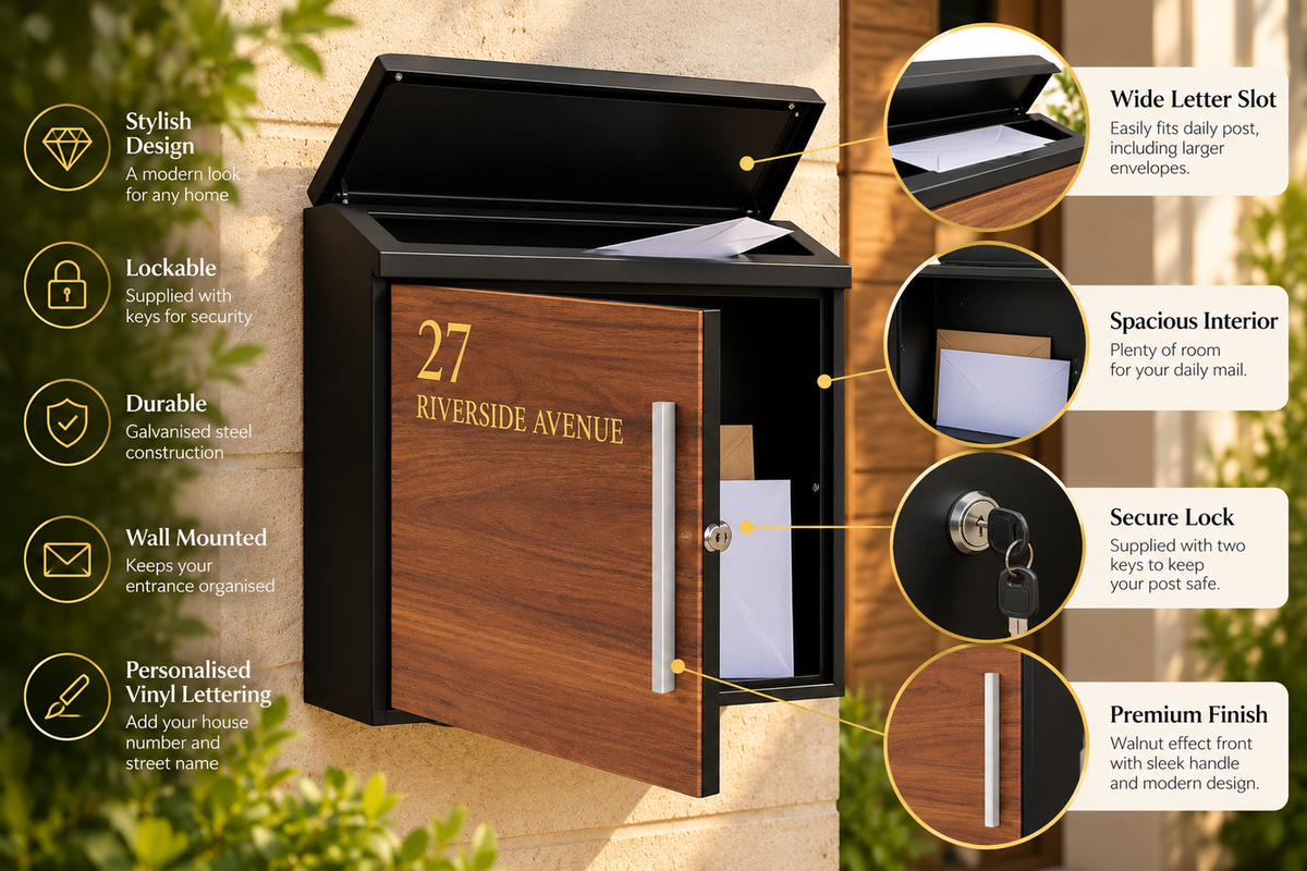 Personalised Walnut Effect Post Box Black Wall-Mounted Letterbox