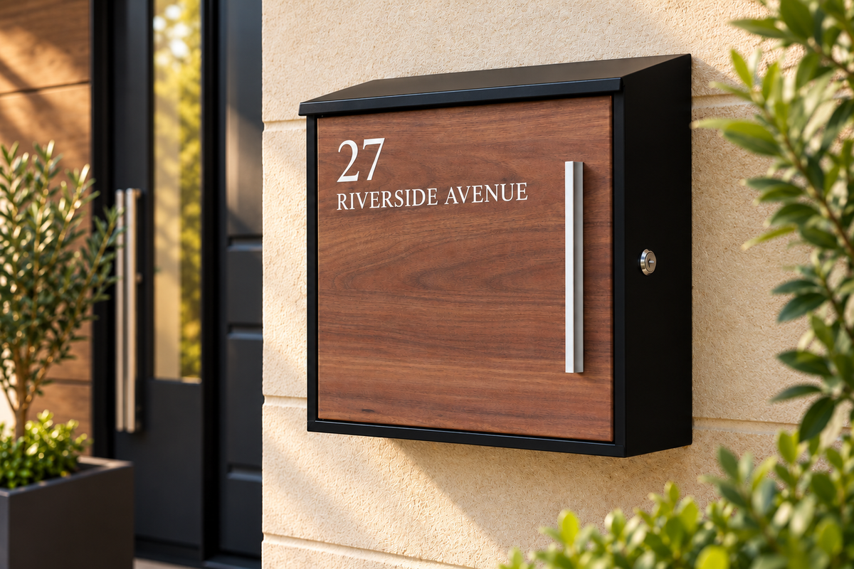 Personalised Walnut Effect Post Box Black Wall-Mounted Letterbox