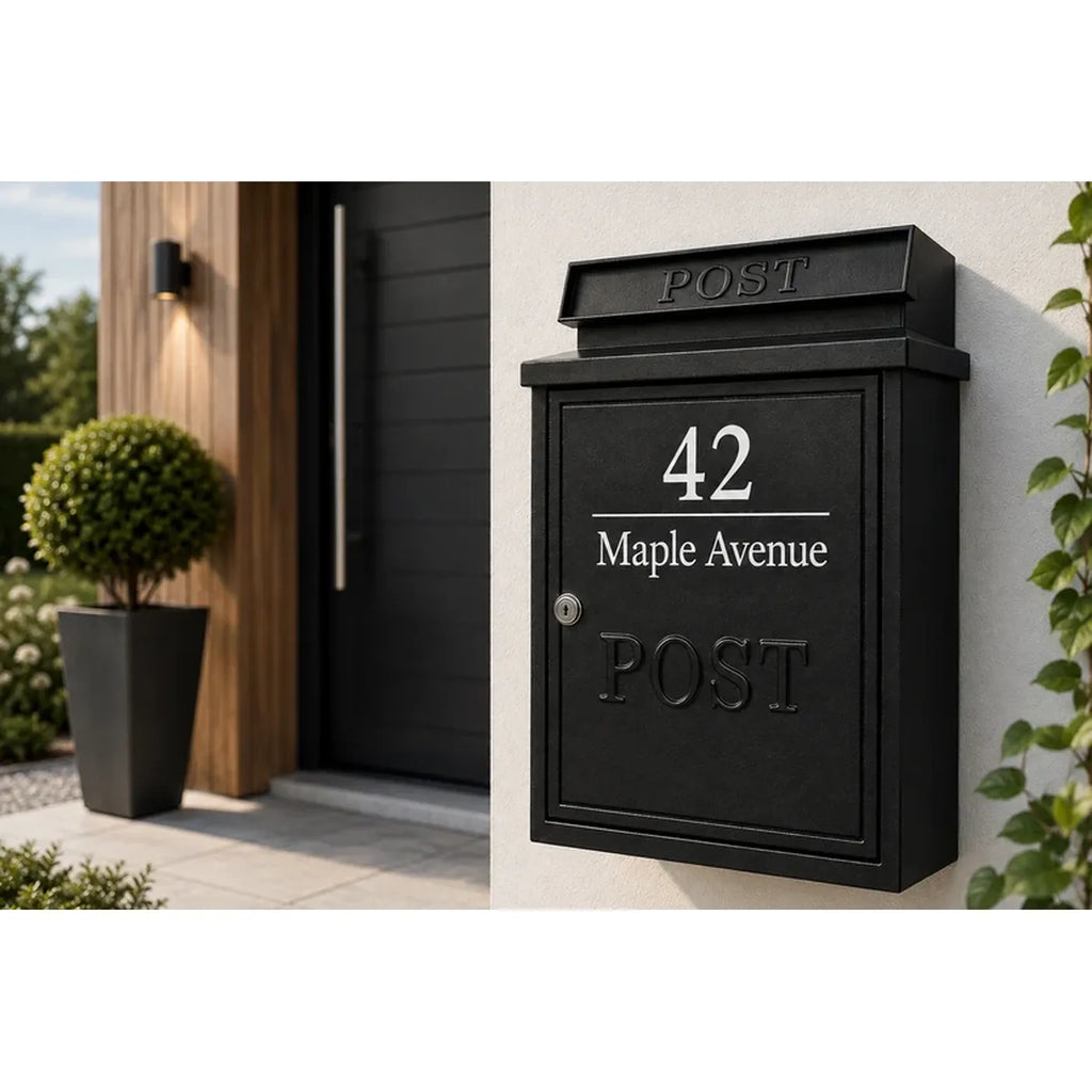 Personalised Wall Mounted Post Box | Black or White Powder-Coated Metal Mailbox for Exterior & Door