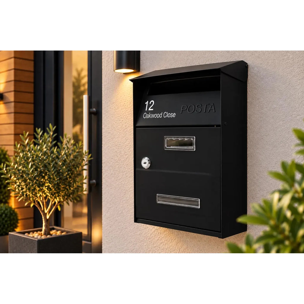 Personalised Black Lockable Post Box – Wall Mounted Letter Box