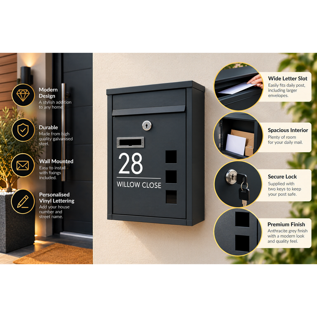 Modern Anthracite Grey Wall Mounted Mailbox | Personalised Secure Post Box