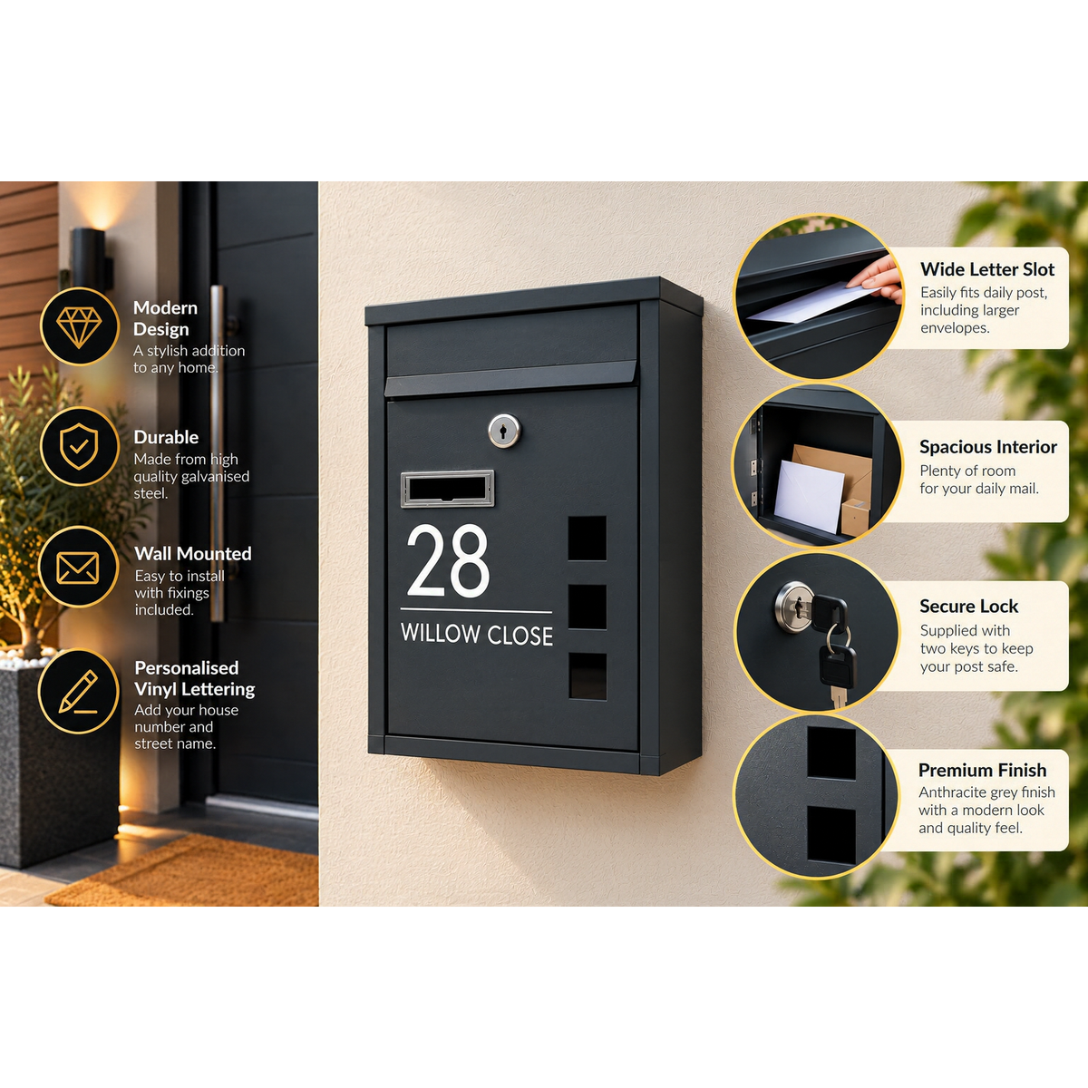 Modern Anthracite Grey Wall Mounted Mailbox | Personalised Secure Post Box