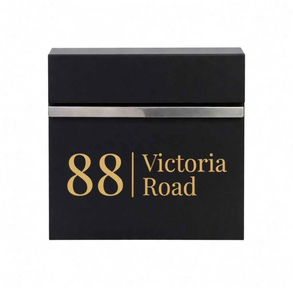 Personalised Address Post Box | Modern Minimal Letter Box | Outdoor Black Mail Holder