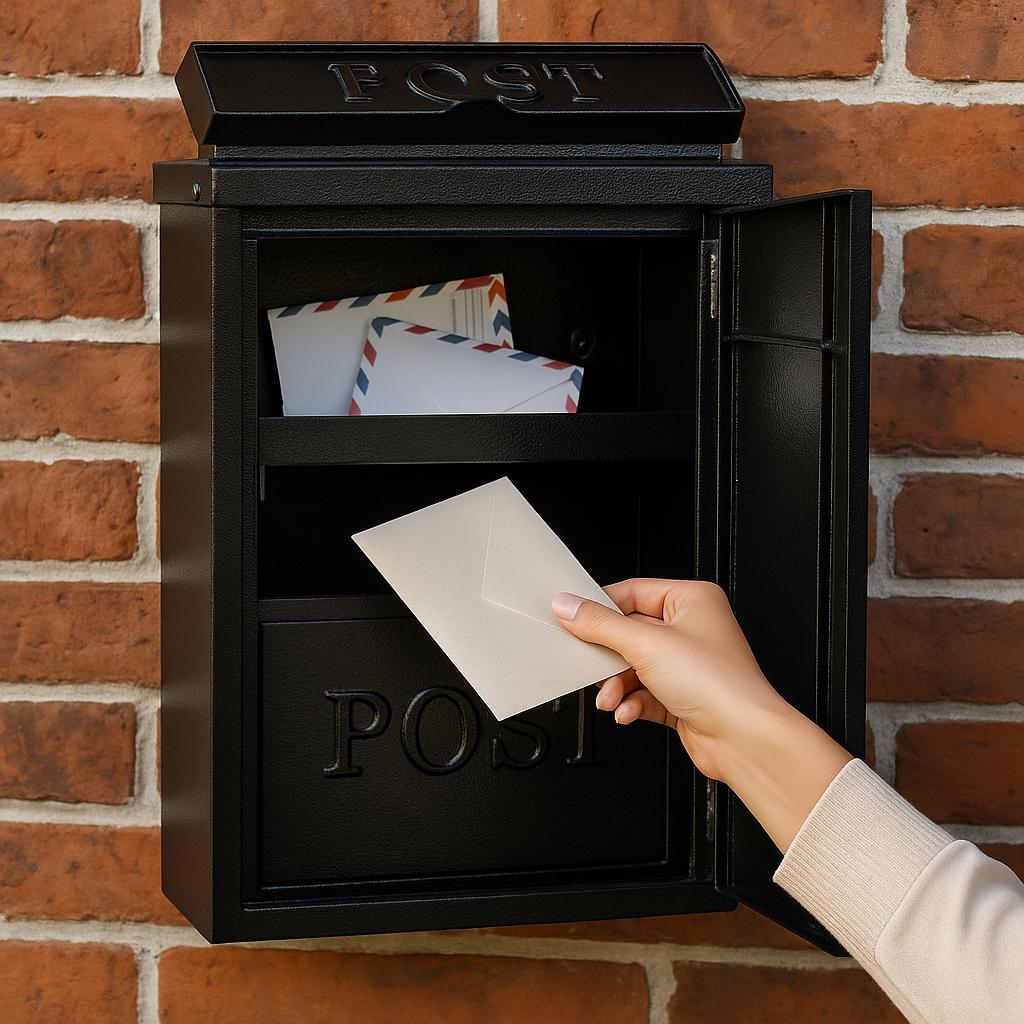 Personalised Wall Mounted Post Box | Black Powder-Coated Metal Mailbox for Exterior & Door