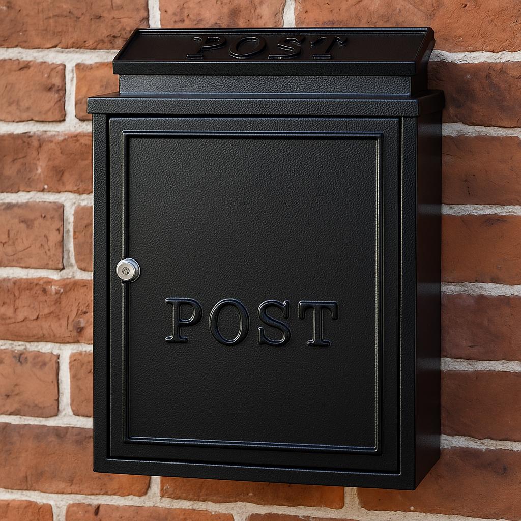 Personalised Wall Mounted Post Box | Black Powder-Coated Metal Mailbox for Exterior & Door