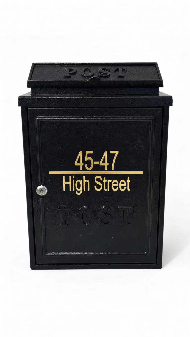 Personalised Wall Mounted Post Box | Black Powder-Coated Metal Mailbox for Exterior & Door