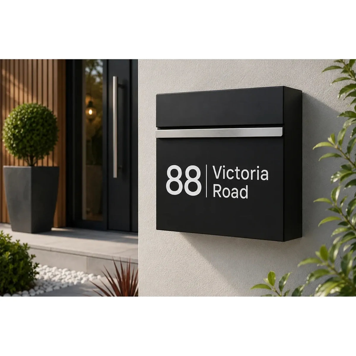 Personalised Address Post Box | Modern Minimal Letter Box | Outdoor Black Mail Holder